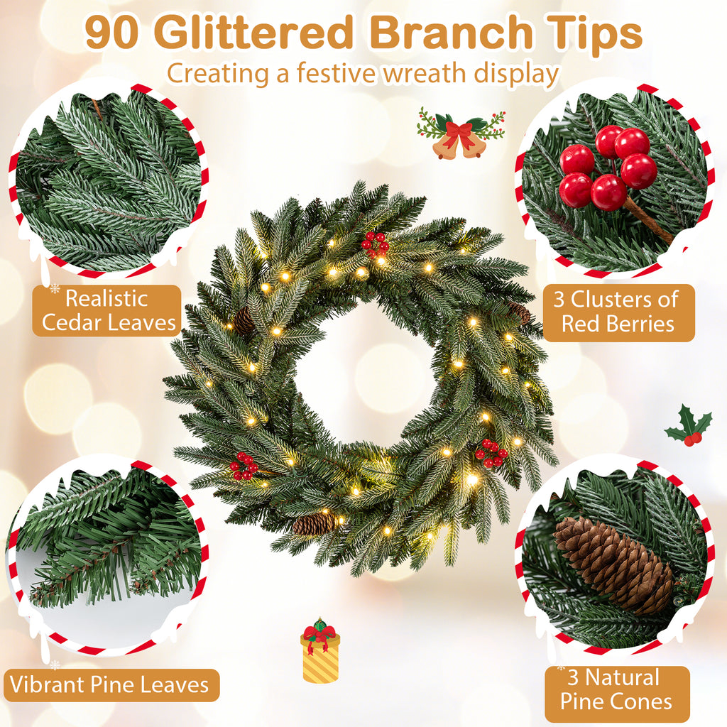 24-Inch Pre-Lit Christmas Wreath with Frosted Branch Tips & LED Lights