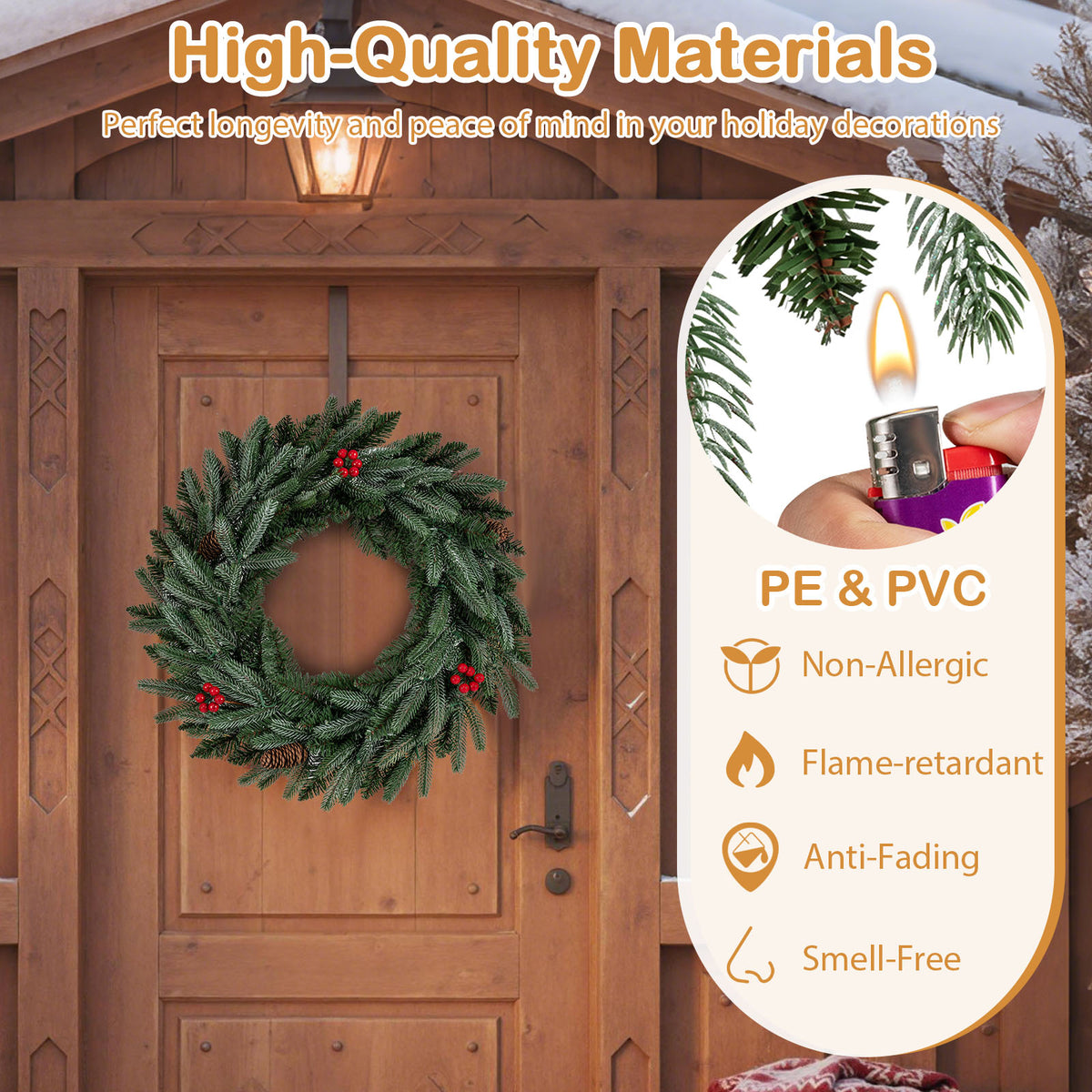 24-Inch Pre-Lit Christmas Wreath with Frosted Branch Tips & LED Lights