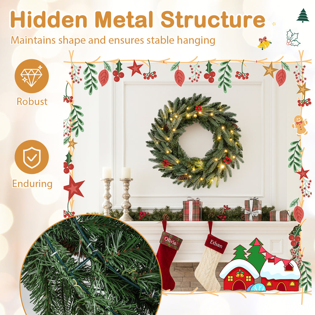 24-Inch Pre-Lit Christmas Wreath with Frosted Branch Tips & LED Lights