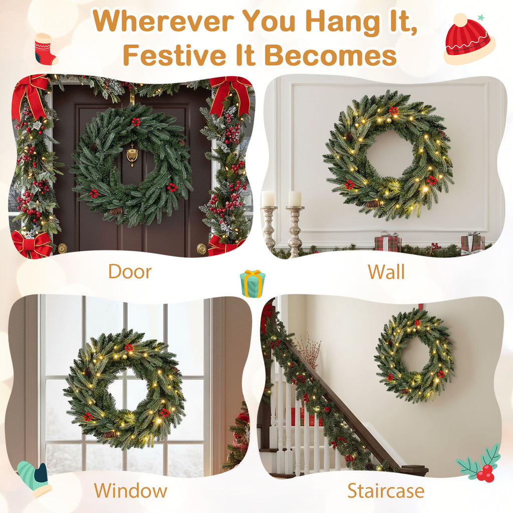 24-Inch Pre-Lit Christmas Wreath with Frosted Branch Tips & LED Lights