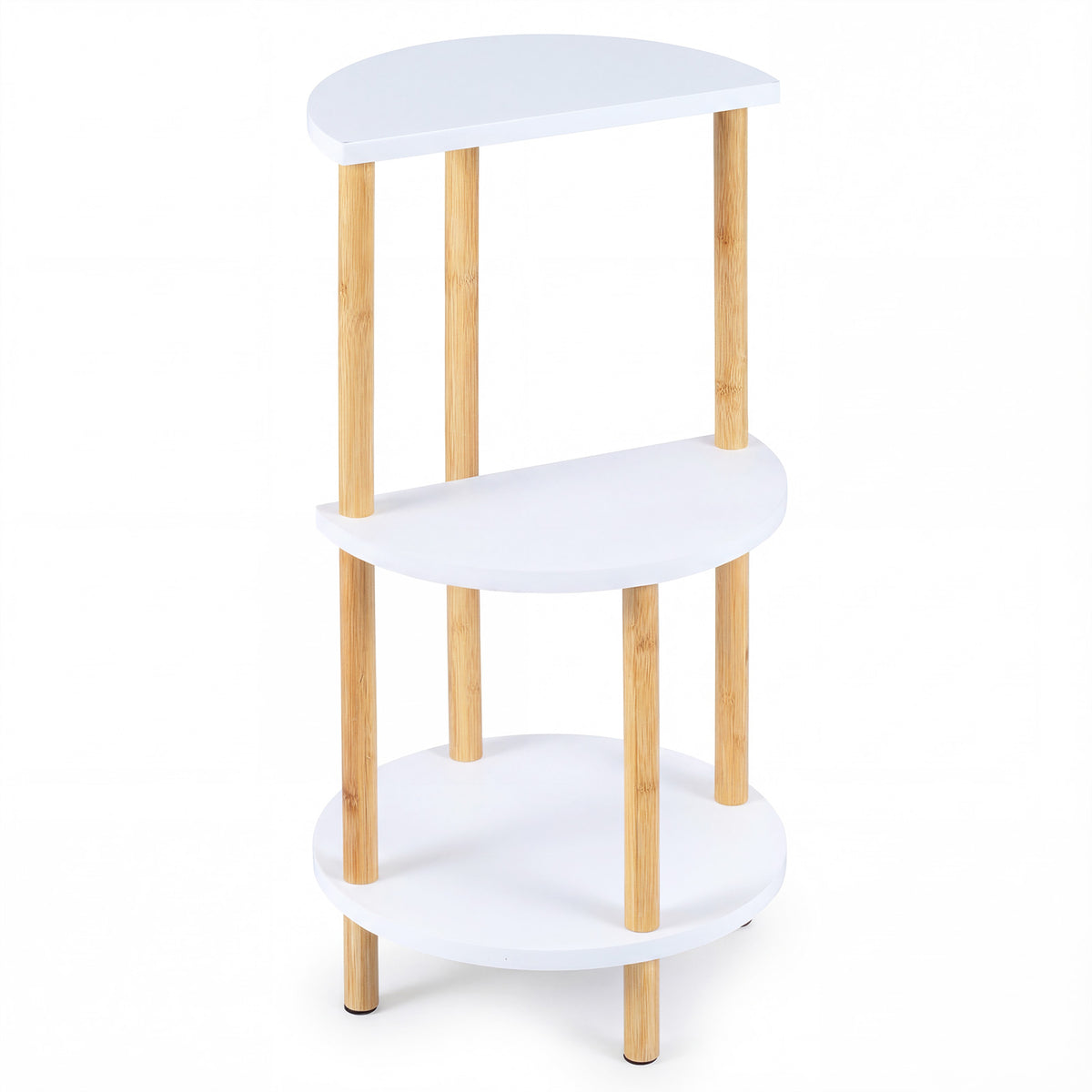 Round Side Table with 3-Tier Bamboo Shelves, White