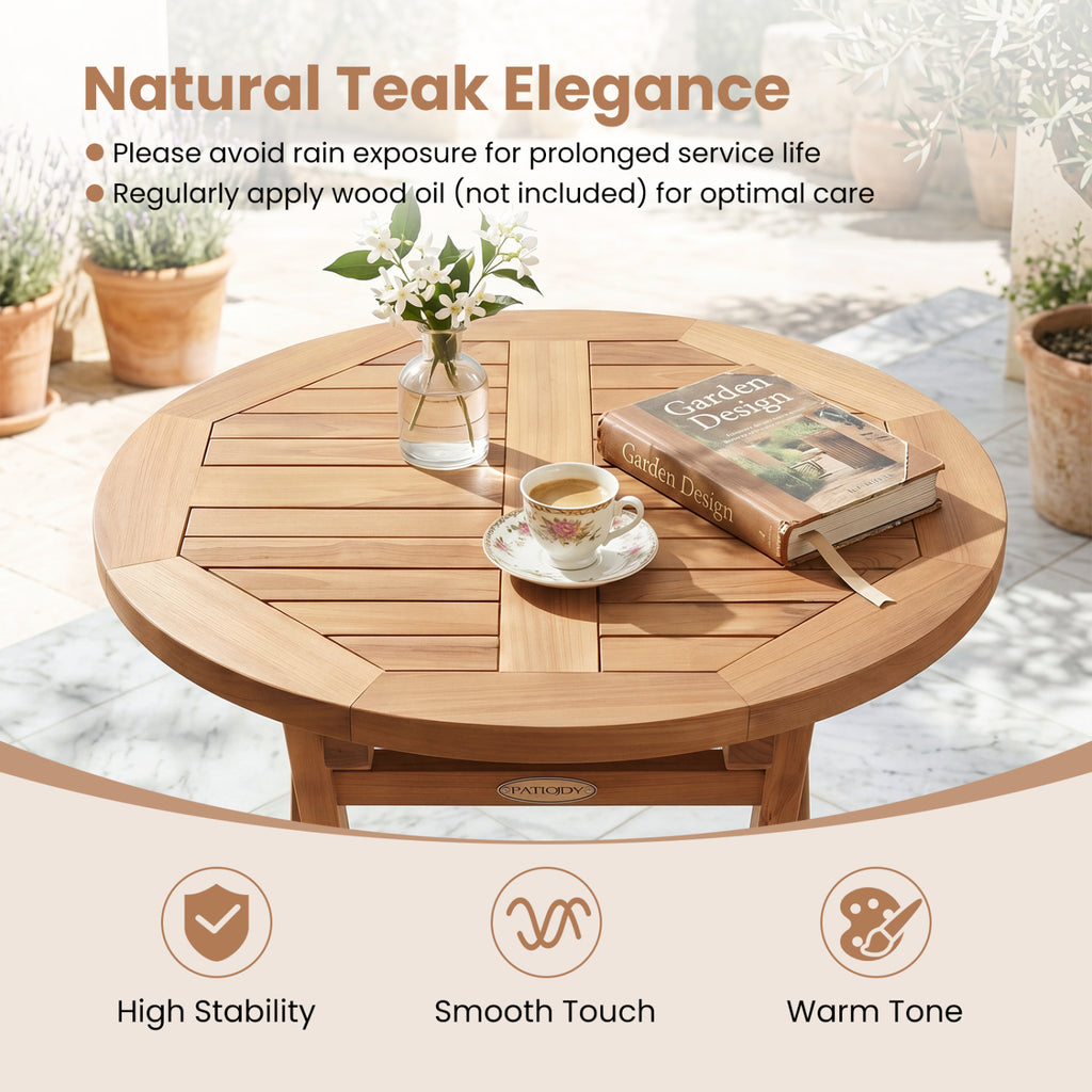 24" Round Solid Teak Outdoor Folding Bistro Table with Footrest