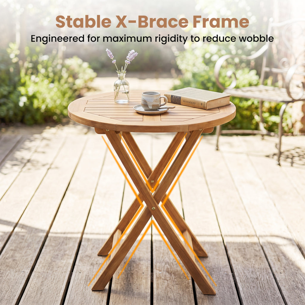 24" Round Solid Teak Outdoor Folding Bistro Table with Footrest