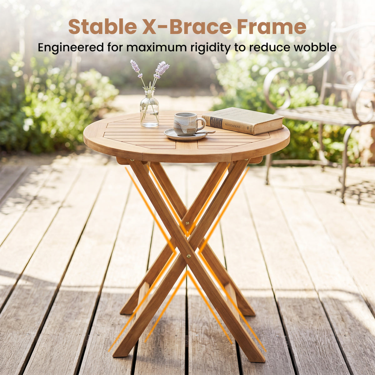 24" Round Solid Teak Outdoor Folding Bistro Table with Footrest