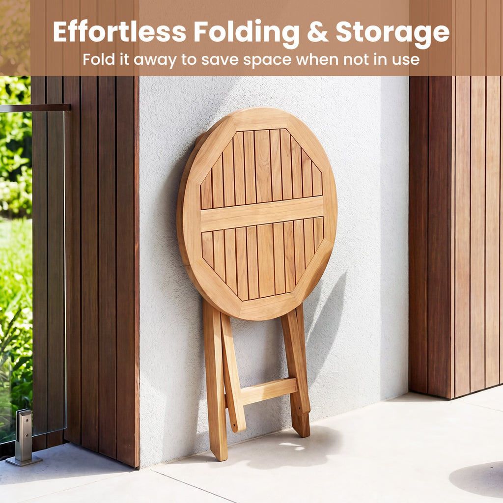 24" Round Solid Teak Outdoor Folding Bistro Table with Footrest