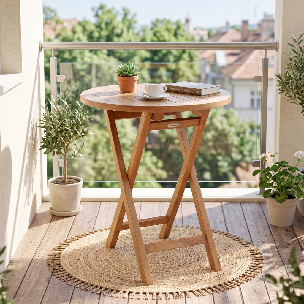 24" Round Solid Teak Outdoor Folding Bistro Table with Footrest