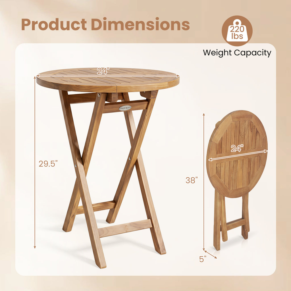 24" Round Solid Teak Outdoor Folding Bistro Table with Footrest