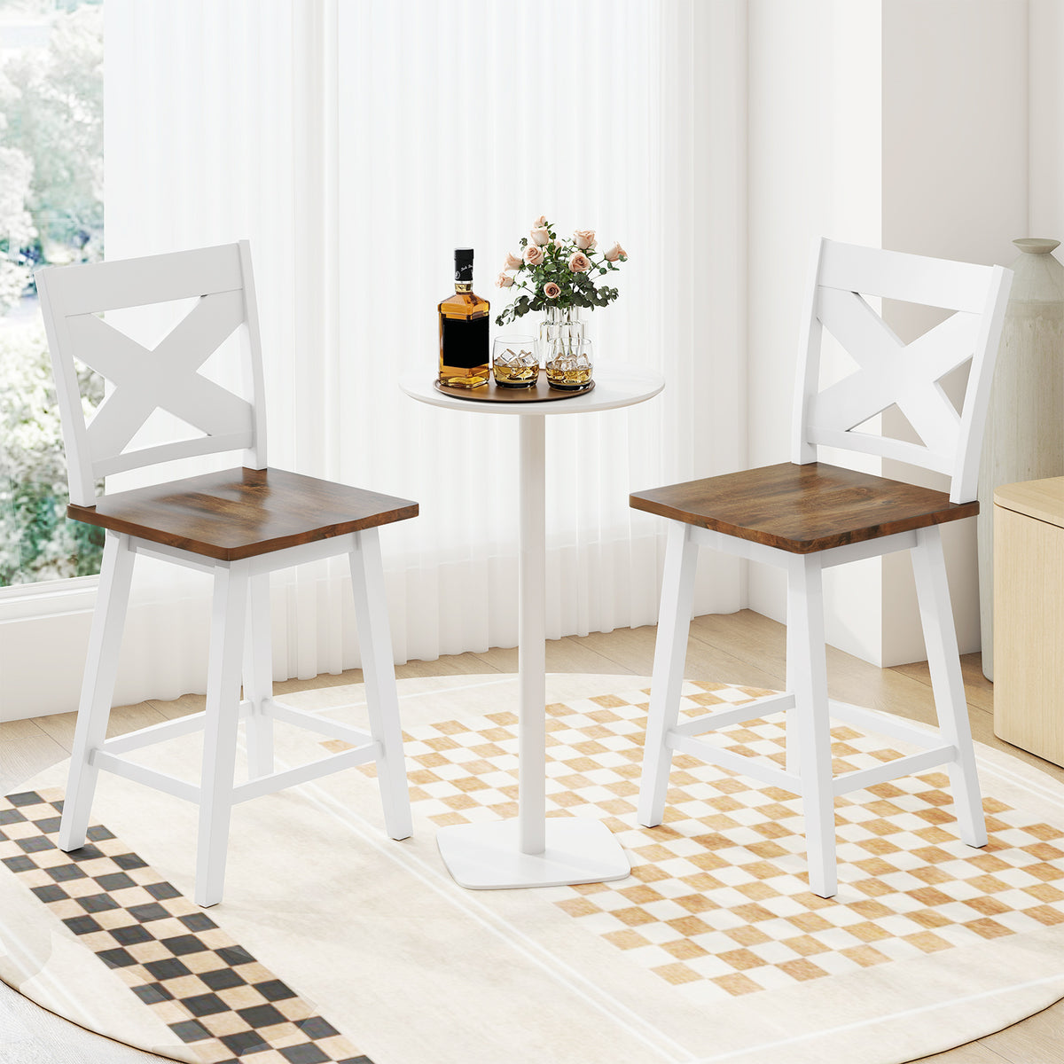 24" Rubberwood Swivel Barstools Set of 2 - White