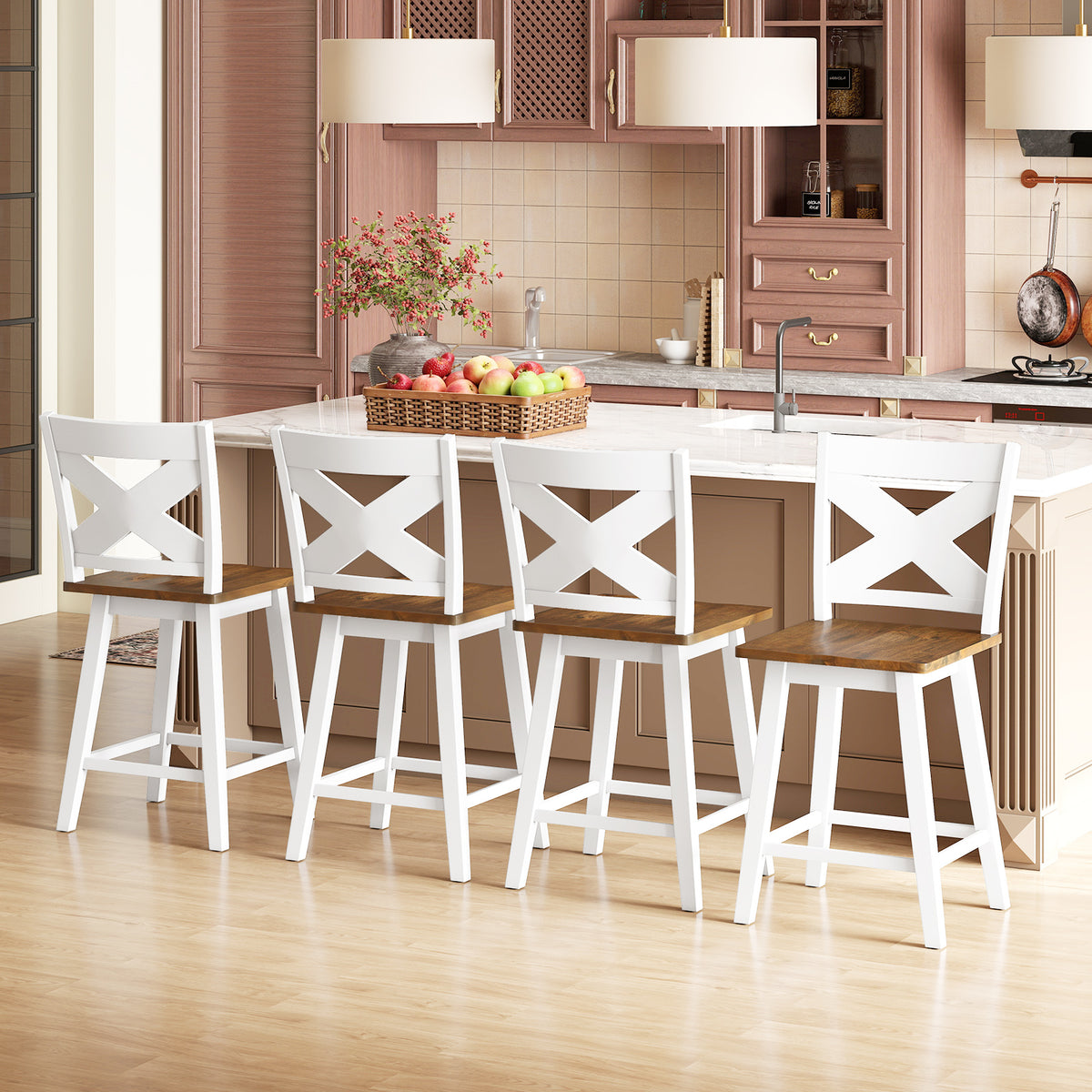 24" Rubberwood Swivel Barstools Set of 2 - White