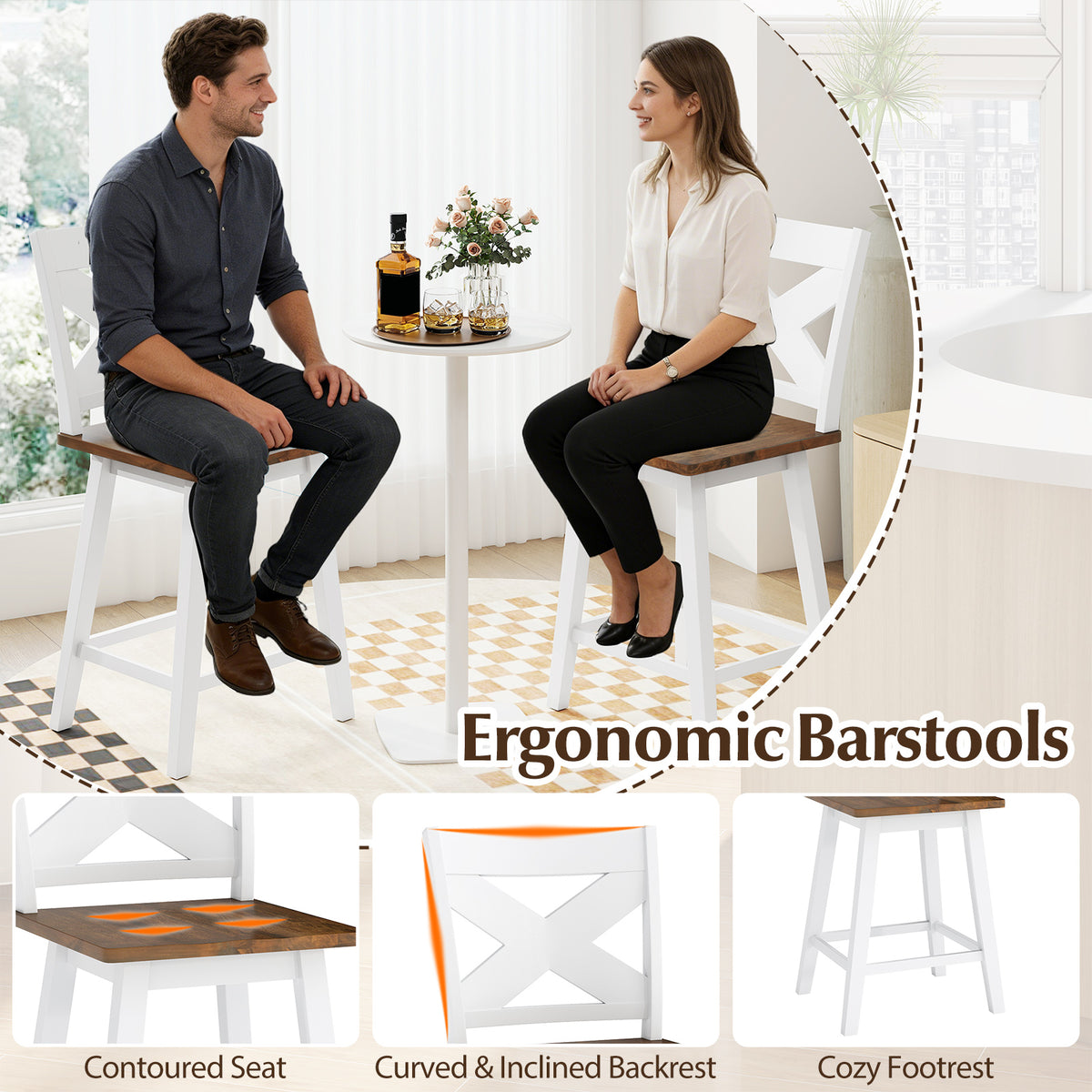 24" Rubberwood Swivel Barstools Set of 2 - White