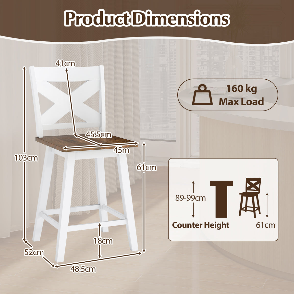 24" Rubberwood Swivel Barstools Set of 2 - White
