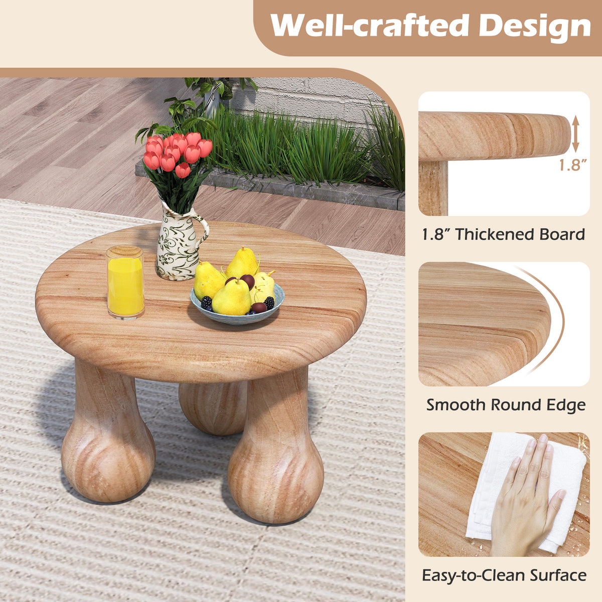 24" Mahogany Wood Coffee Table - Thickened Top & Column Legs