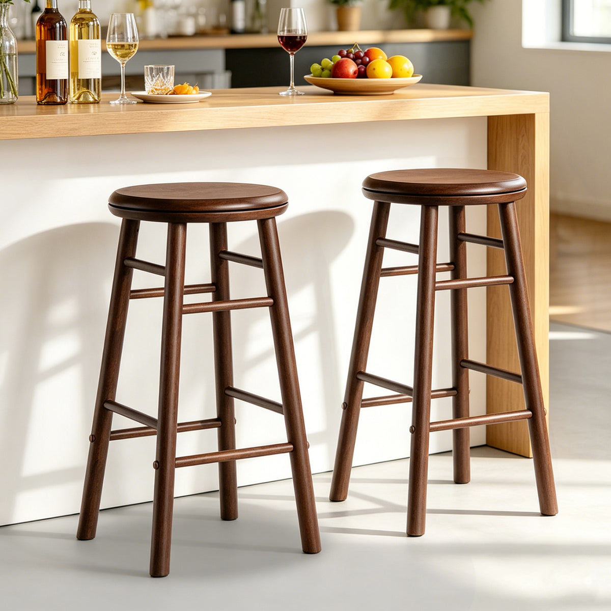 24" Walnut Swivel Bar Stools Set of 2 with Footrests