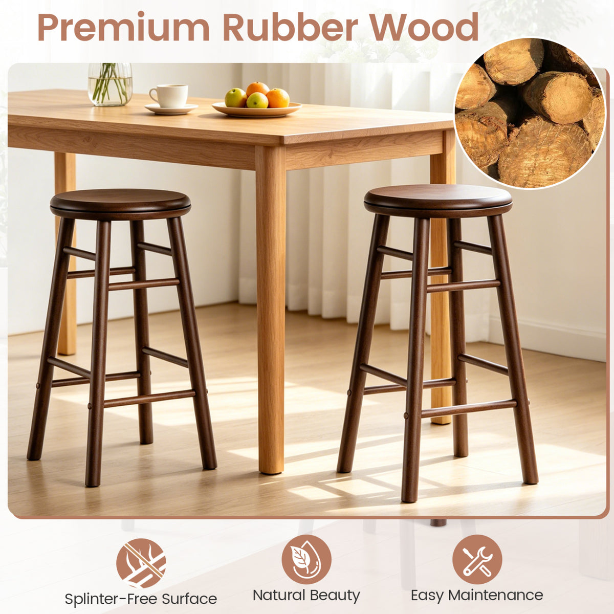24" Walnut Swivel Bar Stools Set of 2 with Footrests