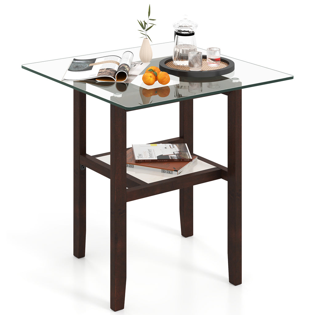 24 Inch Square Glass Coffee Table with Storage Shelf, Brown