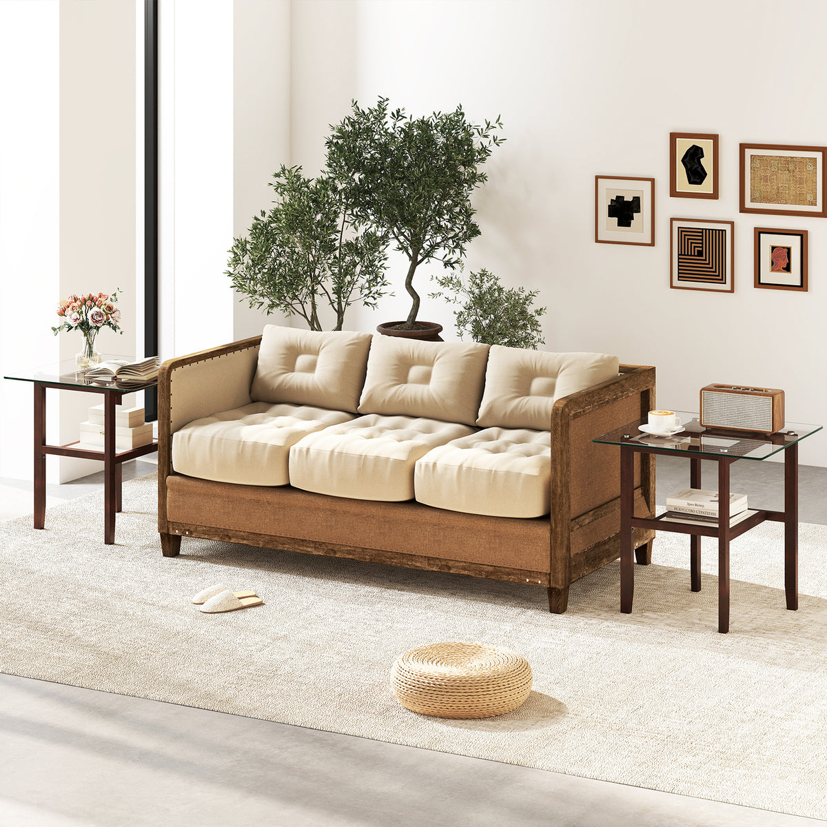24 Inch Square Glass Coffee Table with Storage Shelf, Brown