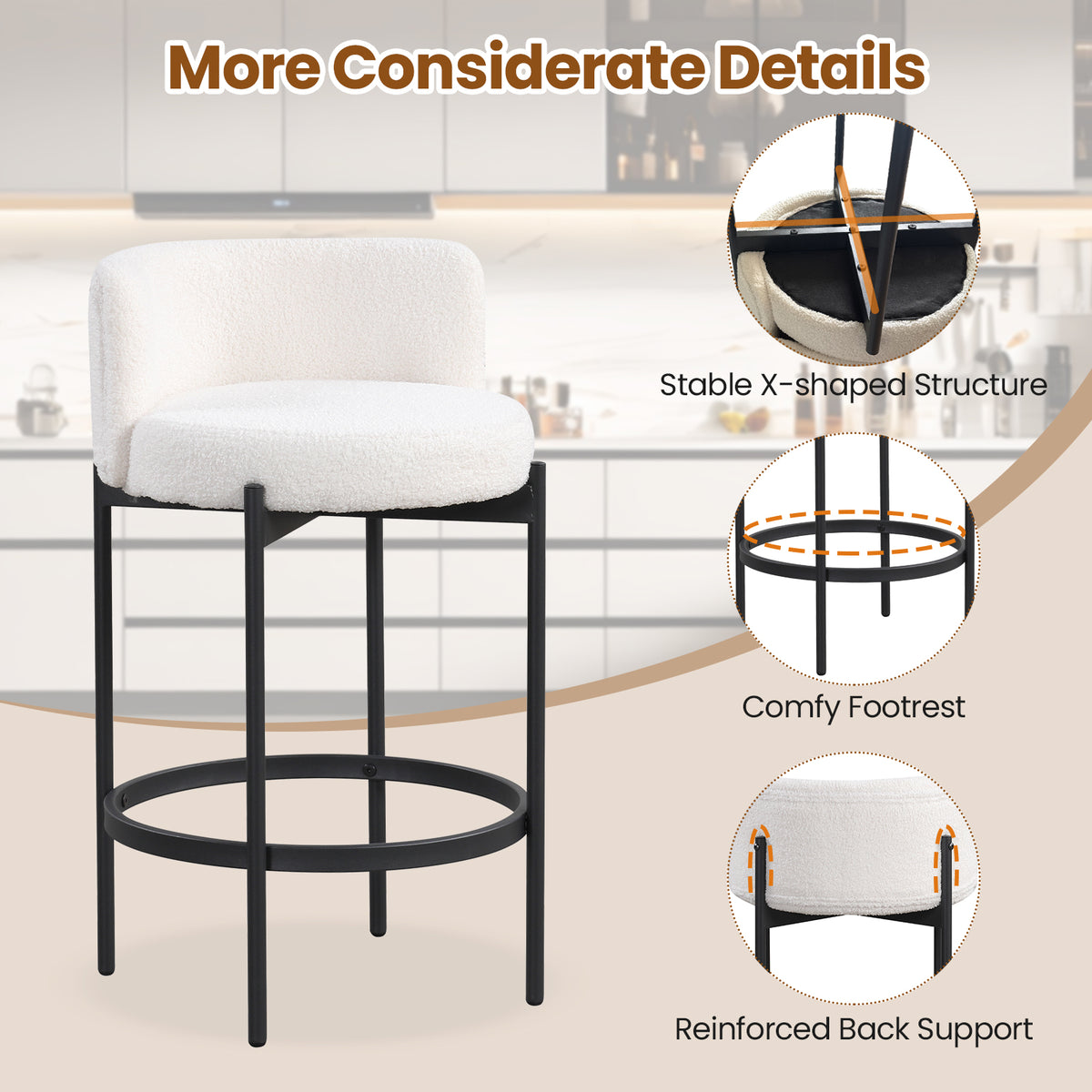 Sherpa Fabric Bar Stool, Set of 4 - 24 Inch Counter Height