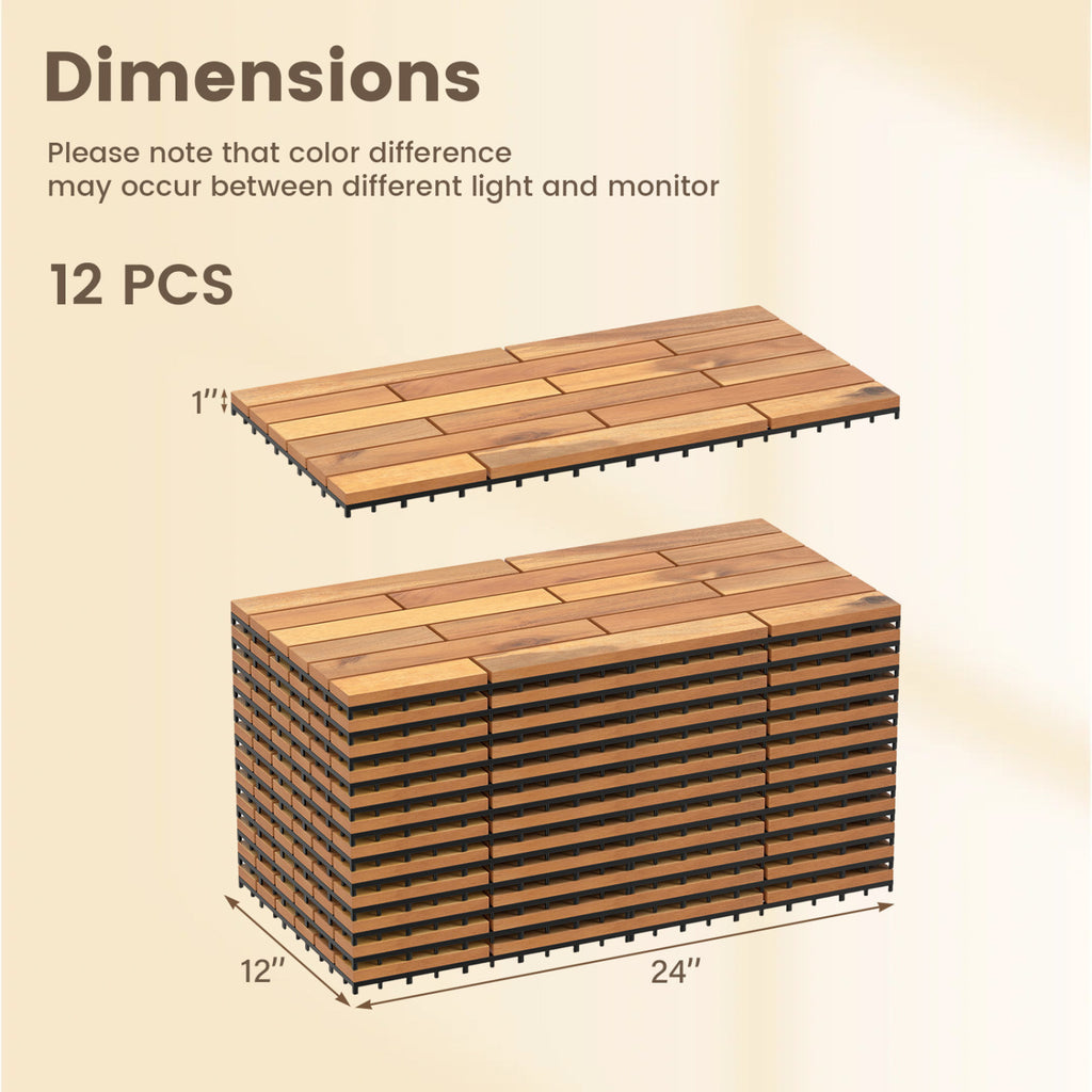 48 Pieces Acacia Wood Interlocking Deck Tiles - Waterproof, Natural Finish - 24x12 Inch, Outdoor & Indoor Use