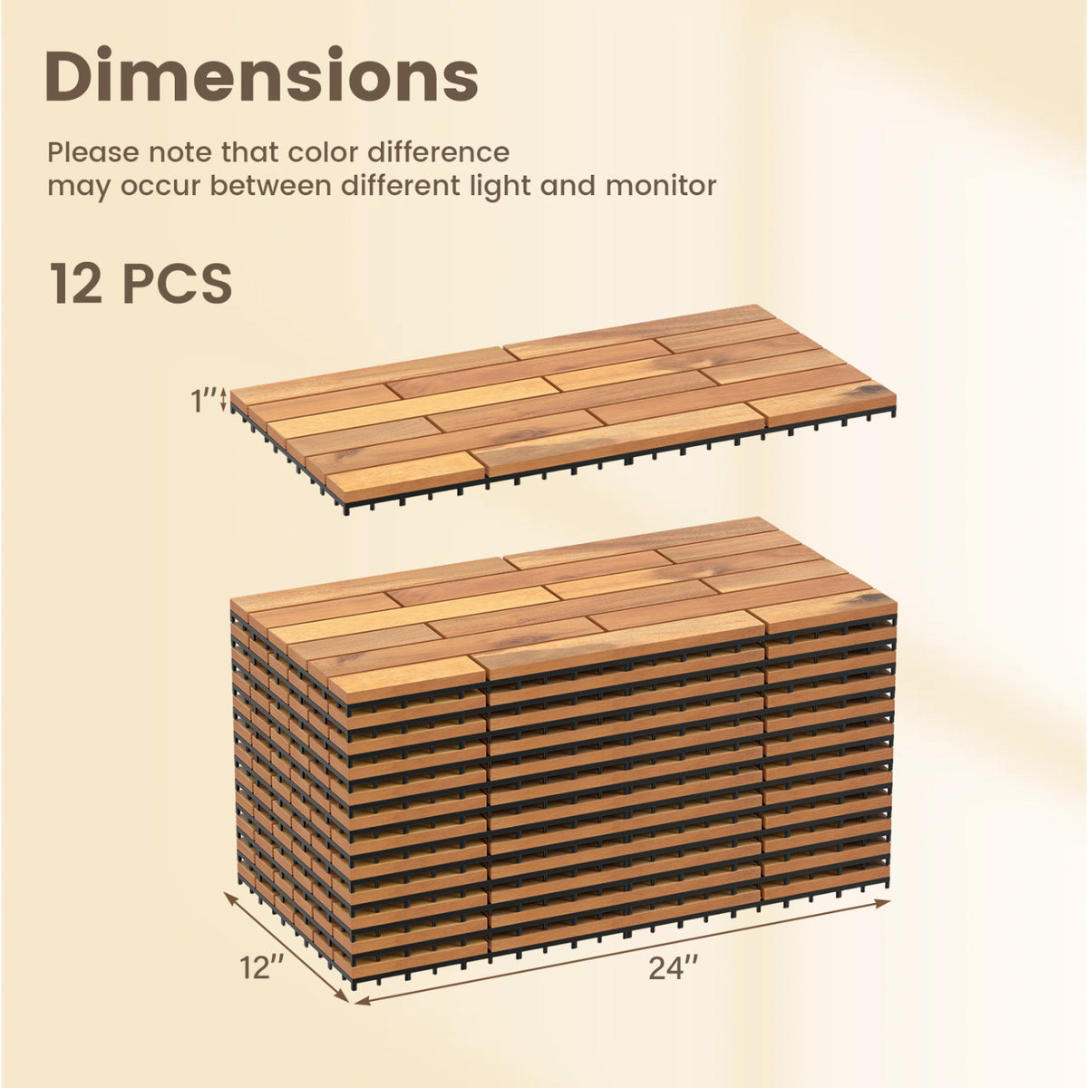 48 Pieces Acacia Wood Interlocking Deck Tiles - Waterproof, Natural Finish - 24x12 Inch, Outdoor & Indoor Use
