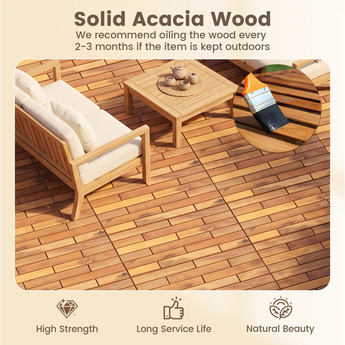 48 Pieces Acacia Wood Interlocking Deck Tiles - Waterproof, Natural Finish - 24x12 Inch, Outdoor & Indoor Use