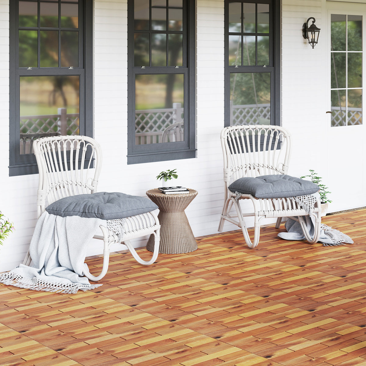 48 Pieces Acacia Wood Interlocking Deck Tiles - Waterproof, Natural Finish - 24x12 Inch, Outdoor & Indoor Use