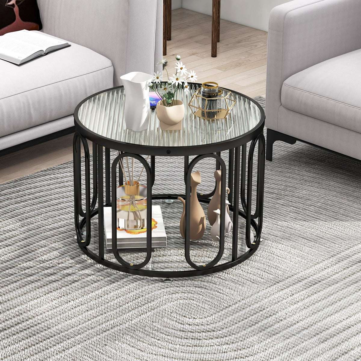 24 Inch Round Coffee Table with Reeded Glass Top - Black