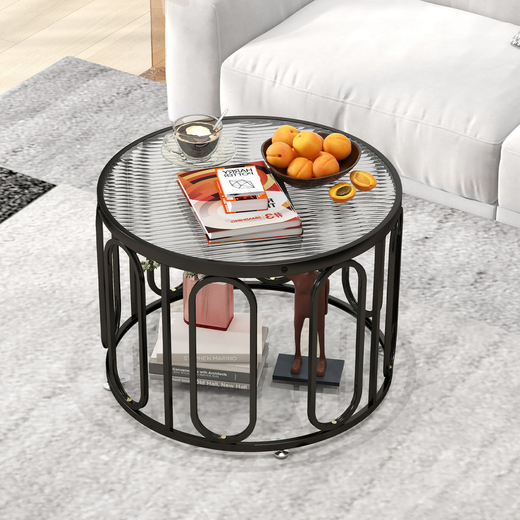 24 Inch Round Coffee Table with Reeded Glass Top - Black