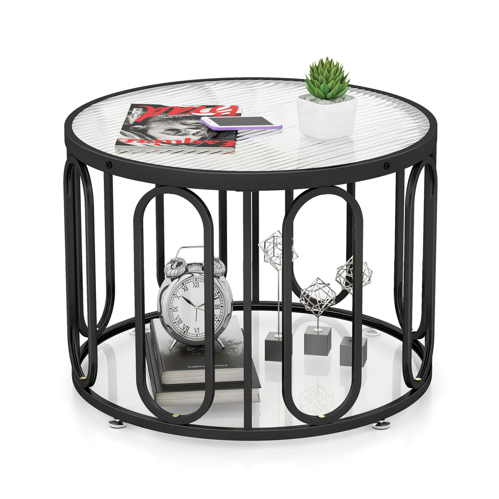 24 Inch Round Coffee Table with Reeded Glass Top - Black