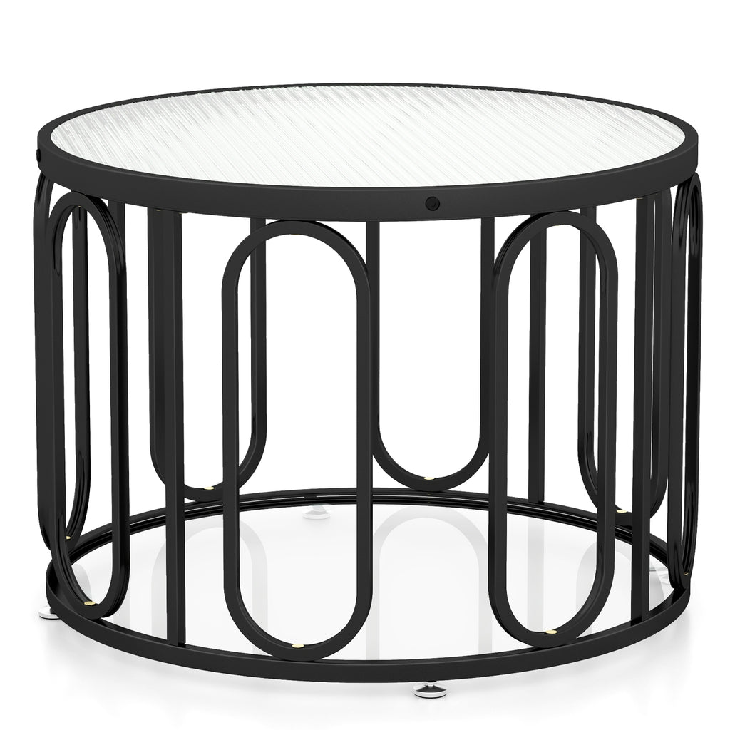 24 Inch Round Coffee Table with Reeded Glass Top - Black