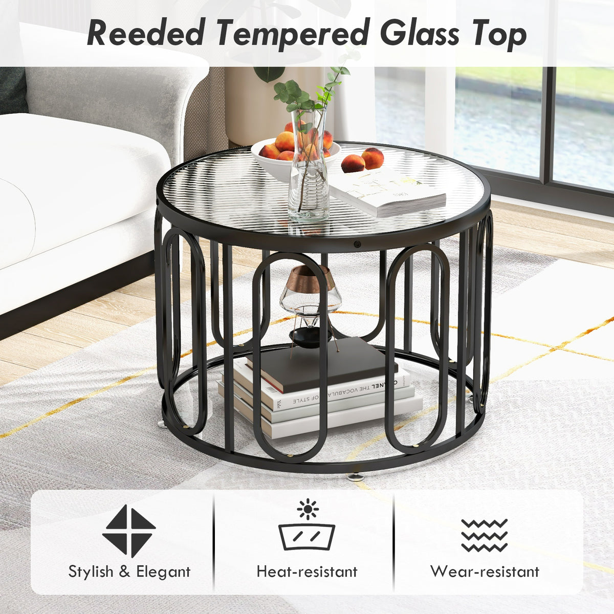 24 Inch Round Coffee Table with Reeded Glass Top - Black