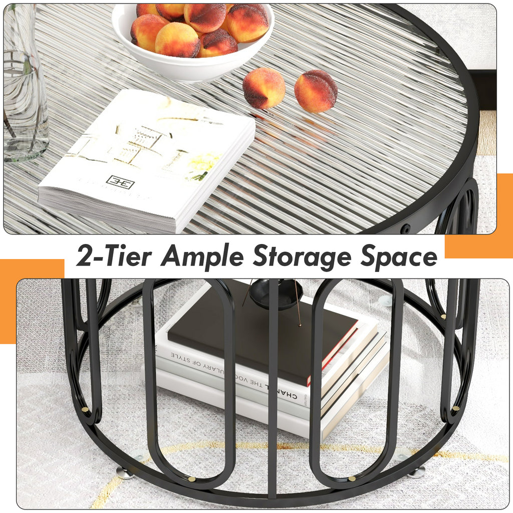 24 Inch Round Coffee Table with Reeded Glass Top - Black