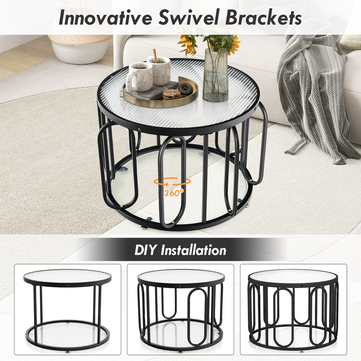 24 Inch Round Coffee Table with Reeded Glass Top - Black