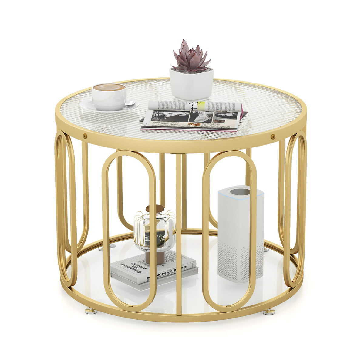 24 Inch Round Coffee Table with Reeded Glass Top - Black