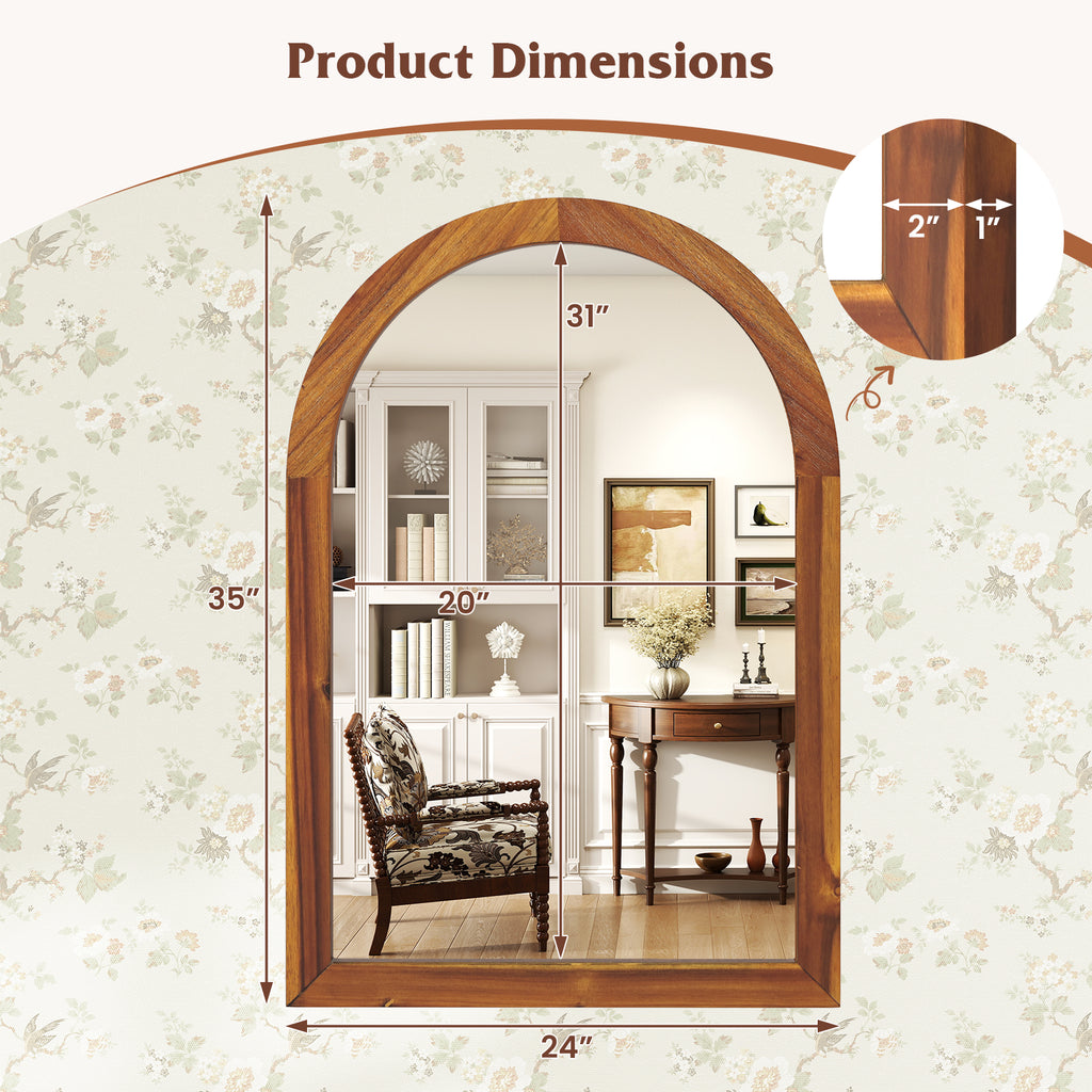 24 Inch x 35 Inch Arched Wall Mirror with Solid Acacia Wood Frame - Brown Variation