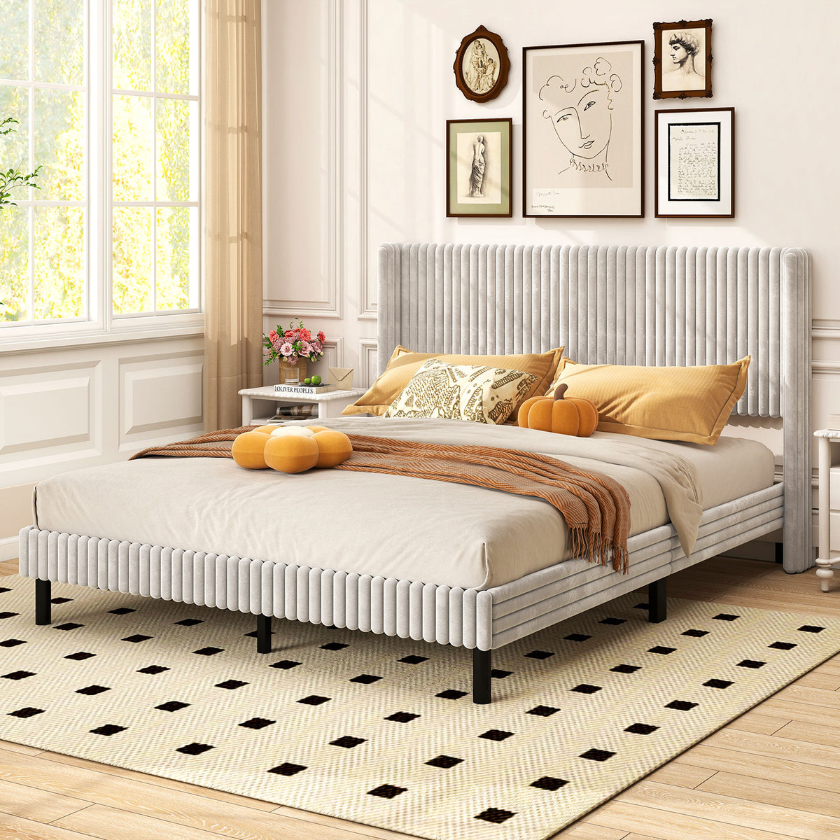Queen Size Velvet Bed Frame with Wingback Headboard - White