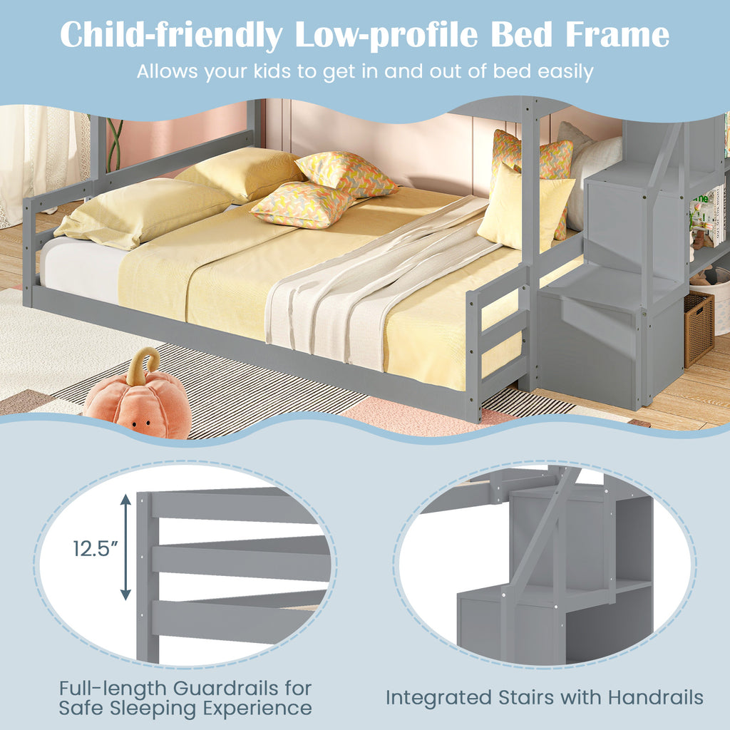 Twin Over Full Bunk Bed with Storage Stairs - Gray