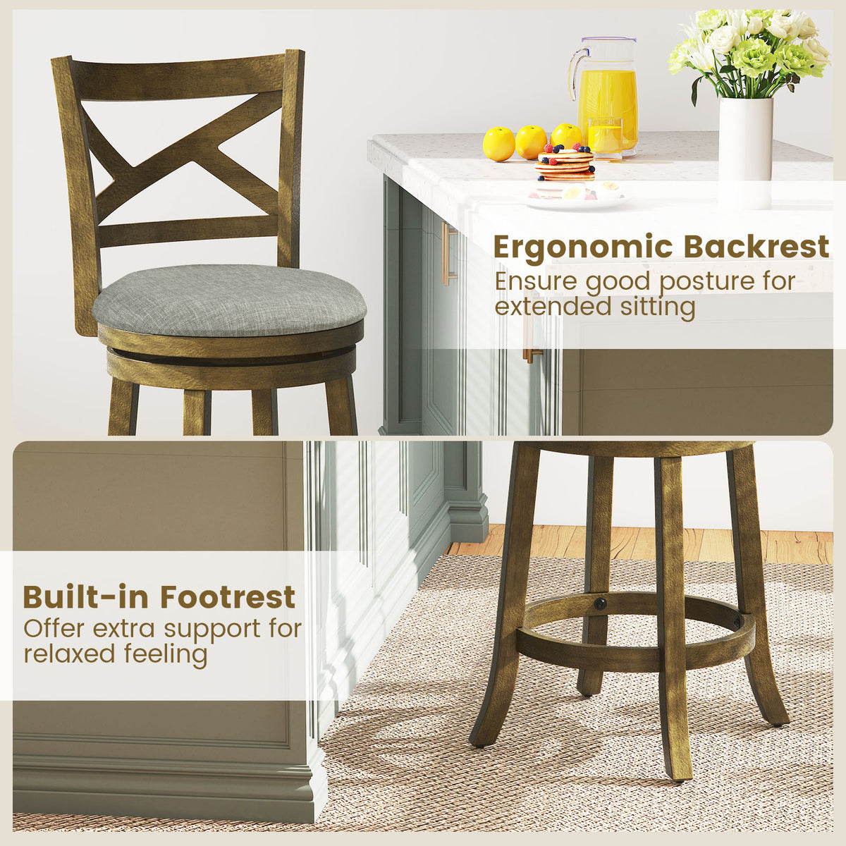 25-Inch Bar Stools Set of 2 with Backrest - X-Back