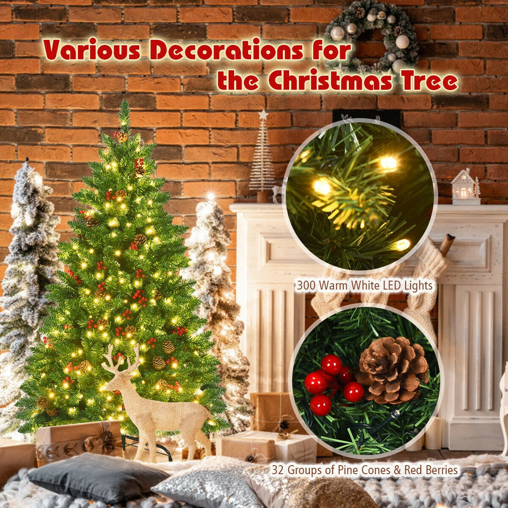4.5 Feet Pre-Lit Hinged Christmas Tree with 300 LED Lights and Pine Cone Decor