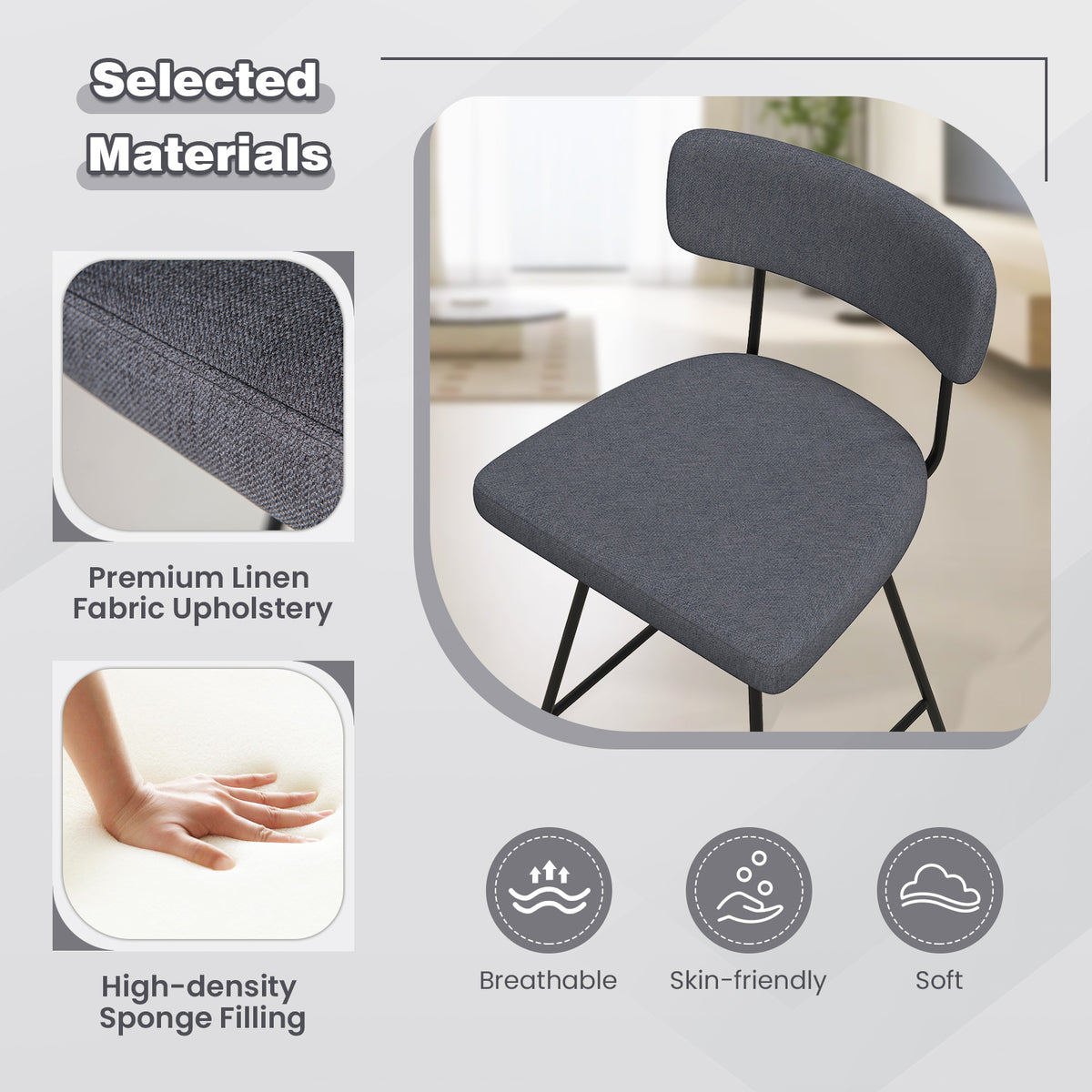 29-Inch Counter Height Upholstered Swivel Bar Stool Set of 2 - Gray