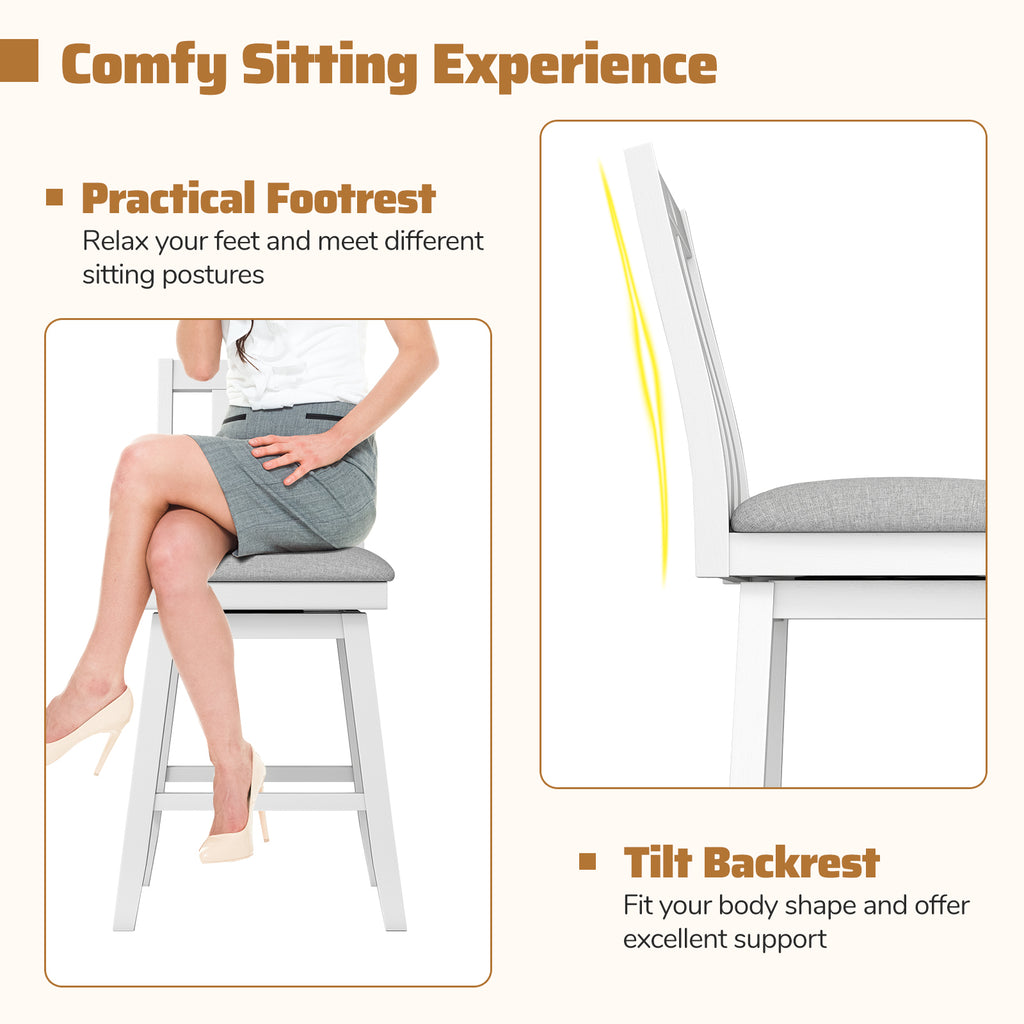 25 Inch Bar Stools Set of 2 with Padded Seat, 360° Swivel - White