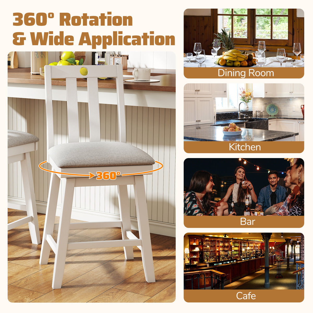 25 Inch Bar Stools Set of 2 with Padded Seat, 360° Swivel - White