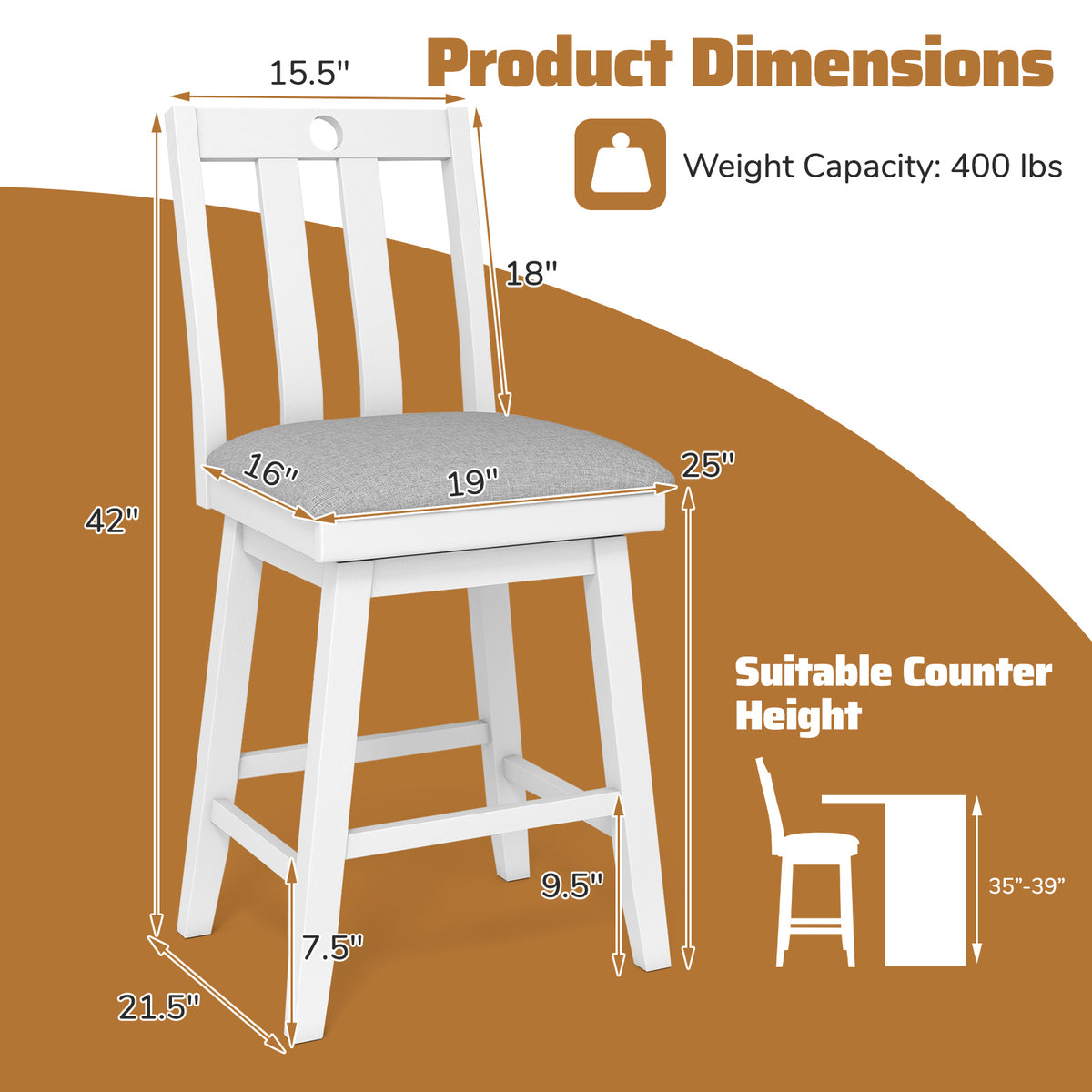 25 Inch Bar Stools Set of 2 with Padded Seat, 360° Swivel - White