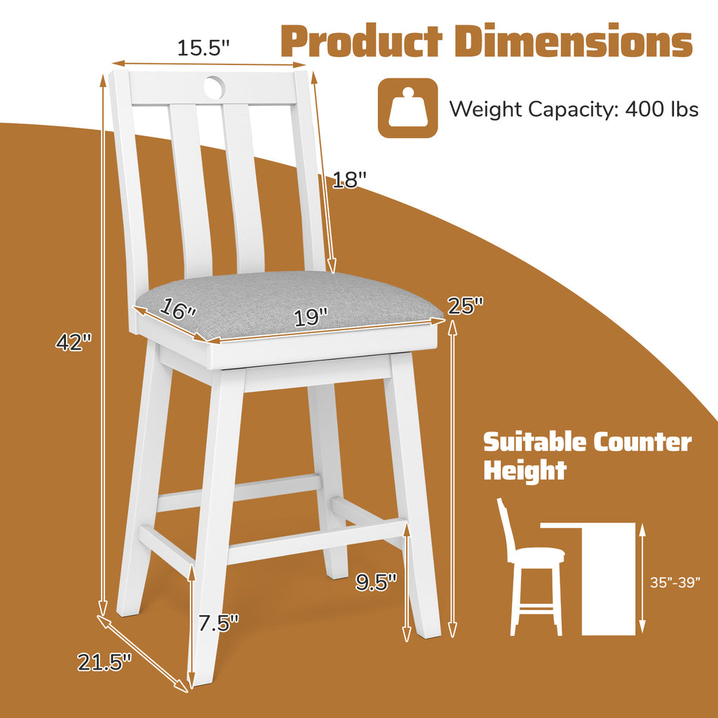25 Inch Bar Stools Set of 2 with Padded Seat, 360° Swivel - White