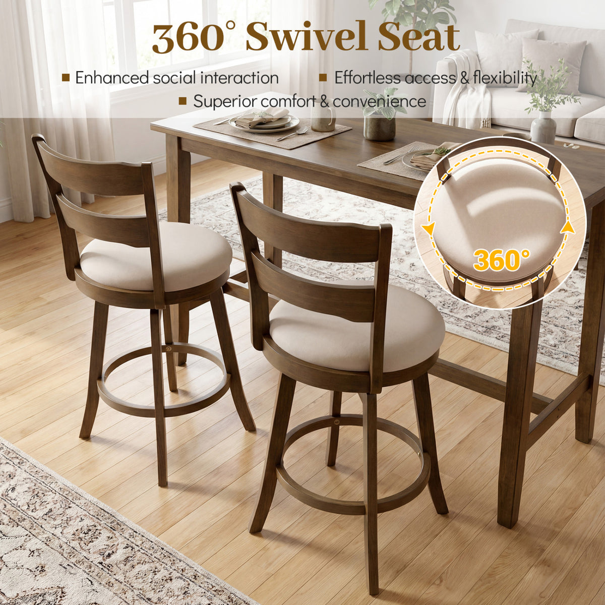 25 Inch Counter Barstools Set of 2 with Backrest - Counter Height
