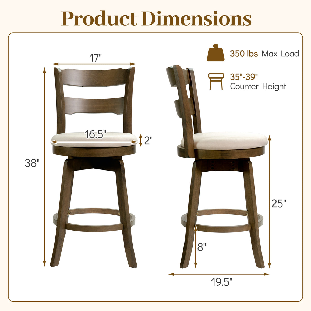 25 Inch Counter Barstools Set of 2 with Backrest - Counter Height
