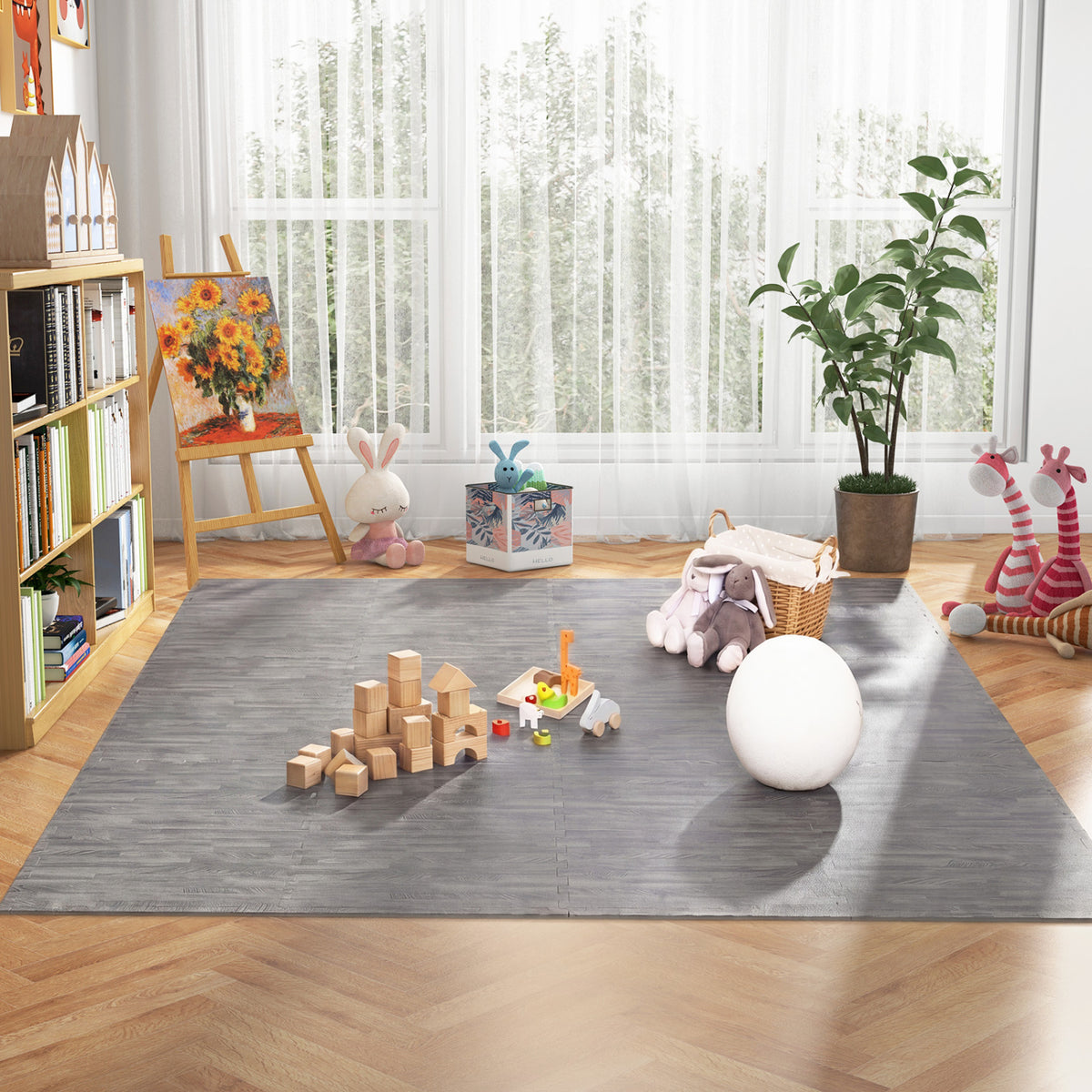 Gray 25 Tiles Wood Grain Foam Floor Mats with Borders - Interlocking Deck Tiles