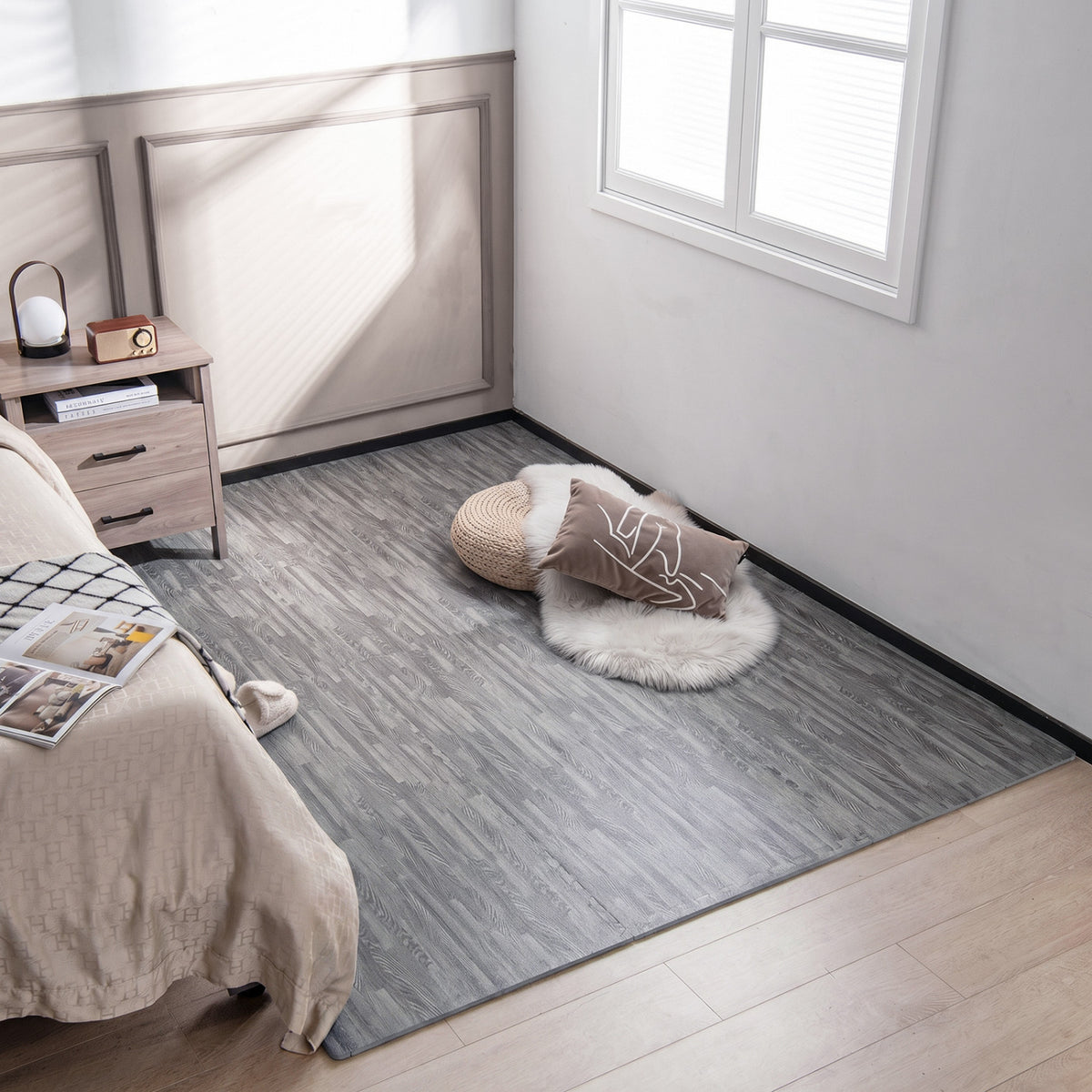 Gray 25 Tiles Wood Grain Foam Floor Mats with Borders - Interlocking Deck Tiles