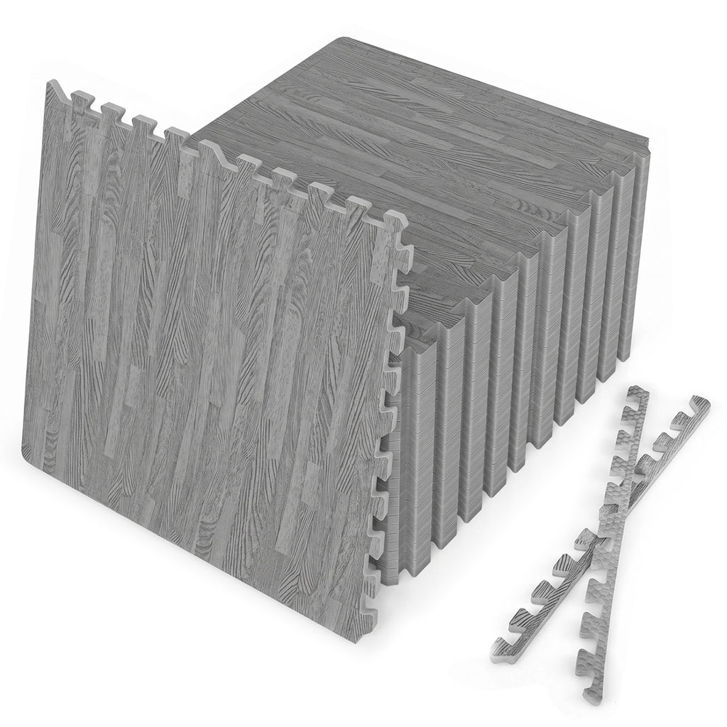 Gray 25 Tiles Wood Grain Foam Floor Mats with Borders - Interlocking Deck Tiles