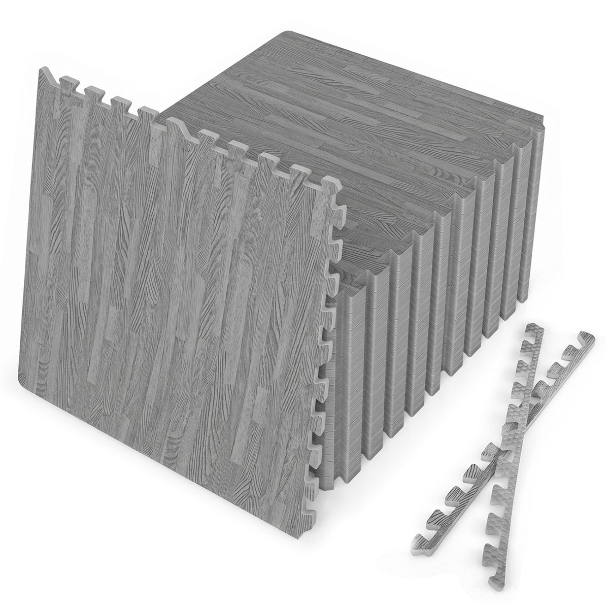 Gray 25 Tiles Wood Grain Foam Floor Mats with Borders - Interlocking Deck Tiles