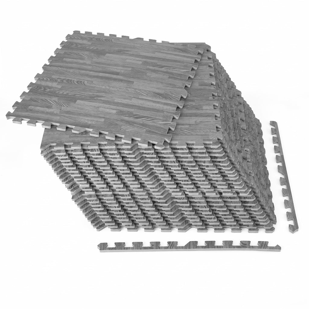 Gray 25 Tiles Wood Grain Foam Floor Mats with Borders - Interlocking Deck Tiles